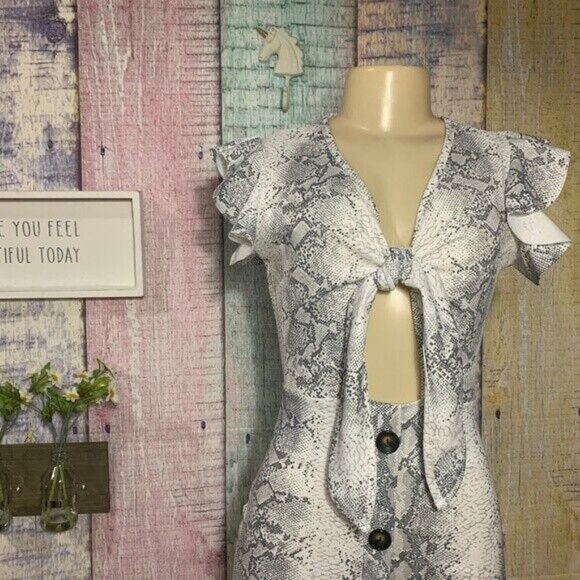 Snakeskin Print Tie Up Women's Medium Ruffled Sleeve Sexy Bodycon Party Dress - Picture 4 of 7